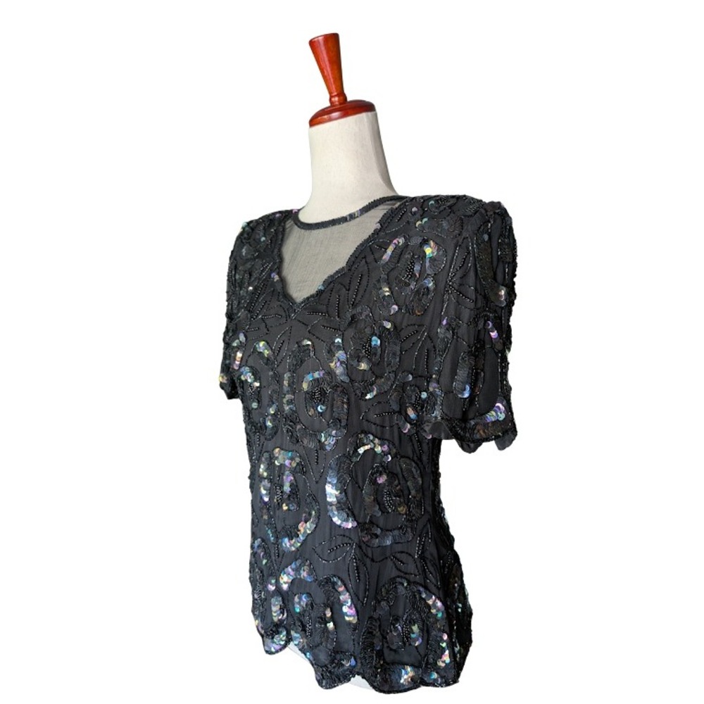 Laurence Kazar Vintage Black Silk Sequin Beaded Evening Top Blouse Petite Medium - Picture 2 of 7